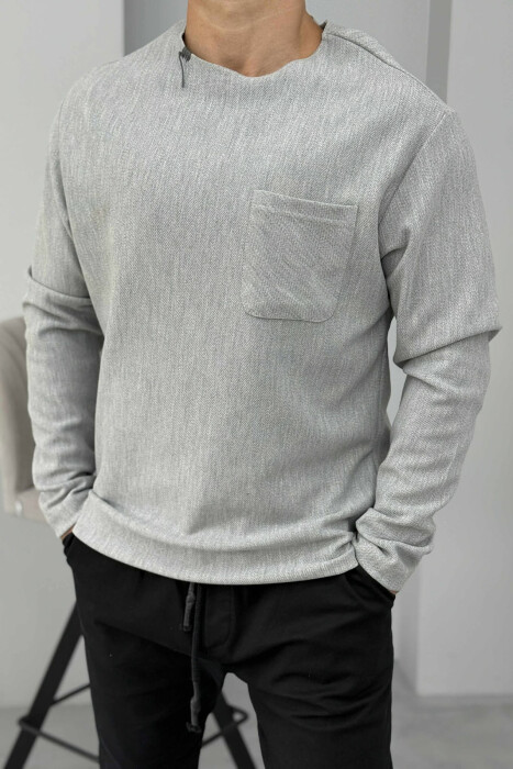 ONE COLOR SIMPLE POCKET DETAIL MEN SWEATER LIGHT GREY/GZ - KLAUDIO FASHION