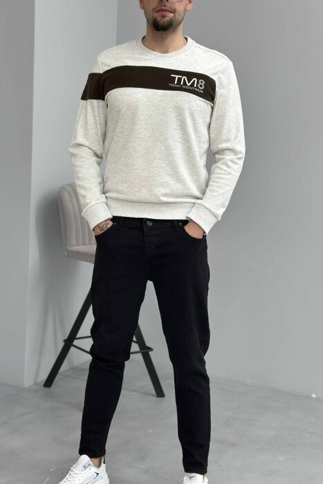 ONE COLOR SIMPLE ROUND NECK MEN SWEATSHIRT CREAM/KREM - 