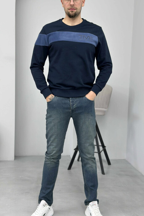 ONE COLOR SIMPLE ROUND NECK MEN SWEATSHIRT DARK BLUE/BEE - 1