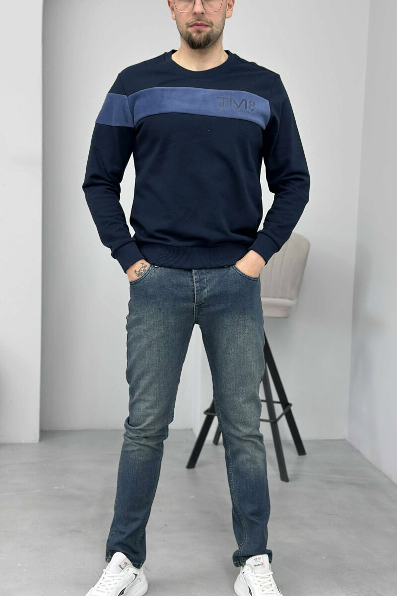 ONE COLOR SIMPLE ROUND NECK MEN SWEATSHIRT DARK BLUE/BEE - 1