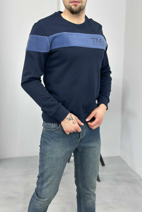 ONE COLOR SIMPLE ROUND NECK MEN SWEATSHIRT DARK BLUE/BEE - 2
