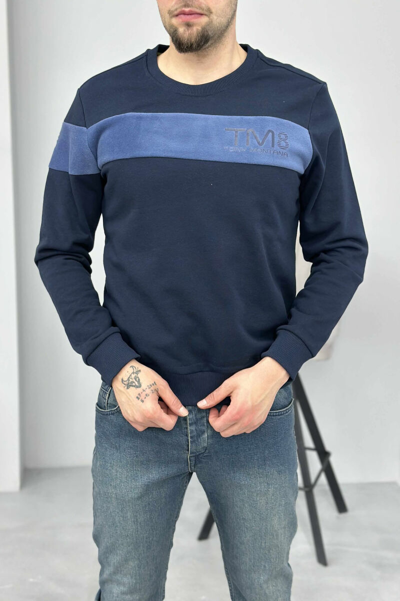 ONE COLOR SIMPLE ROUND NECK MEN SWEATSHIRT DARK BLUE/BEE - 3