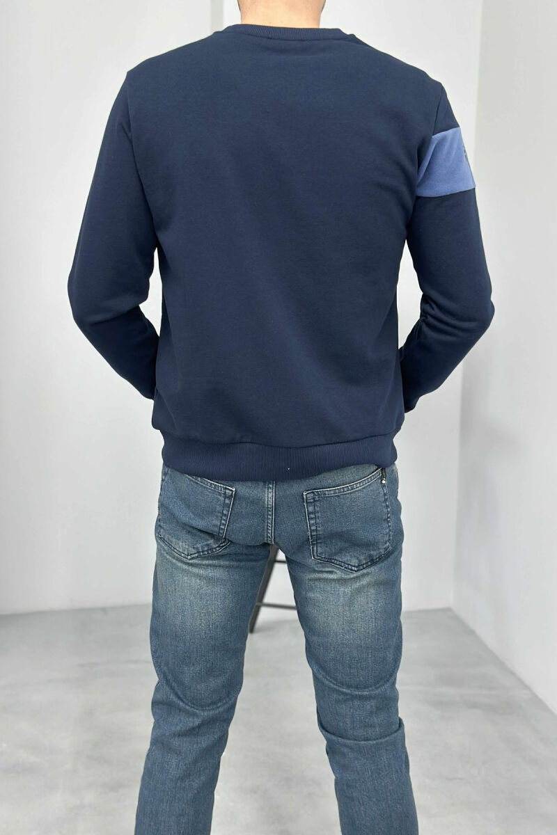 ONE COLOR SIMPLE ROUND NECK MEN SWEATSHIRT DARK BLUE/BEE - 4