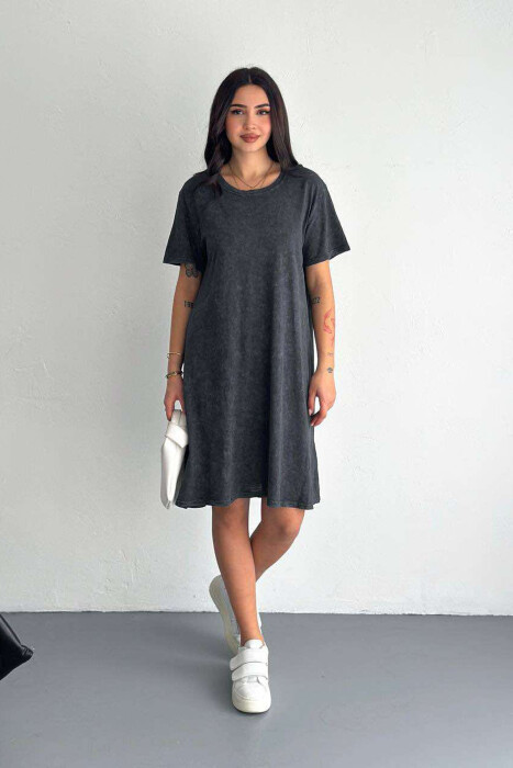 ONE COLOR SIMPLE ROUND NECK WOMEN DRESS DARK GREY/GEE - 1