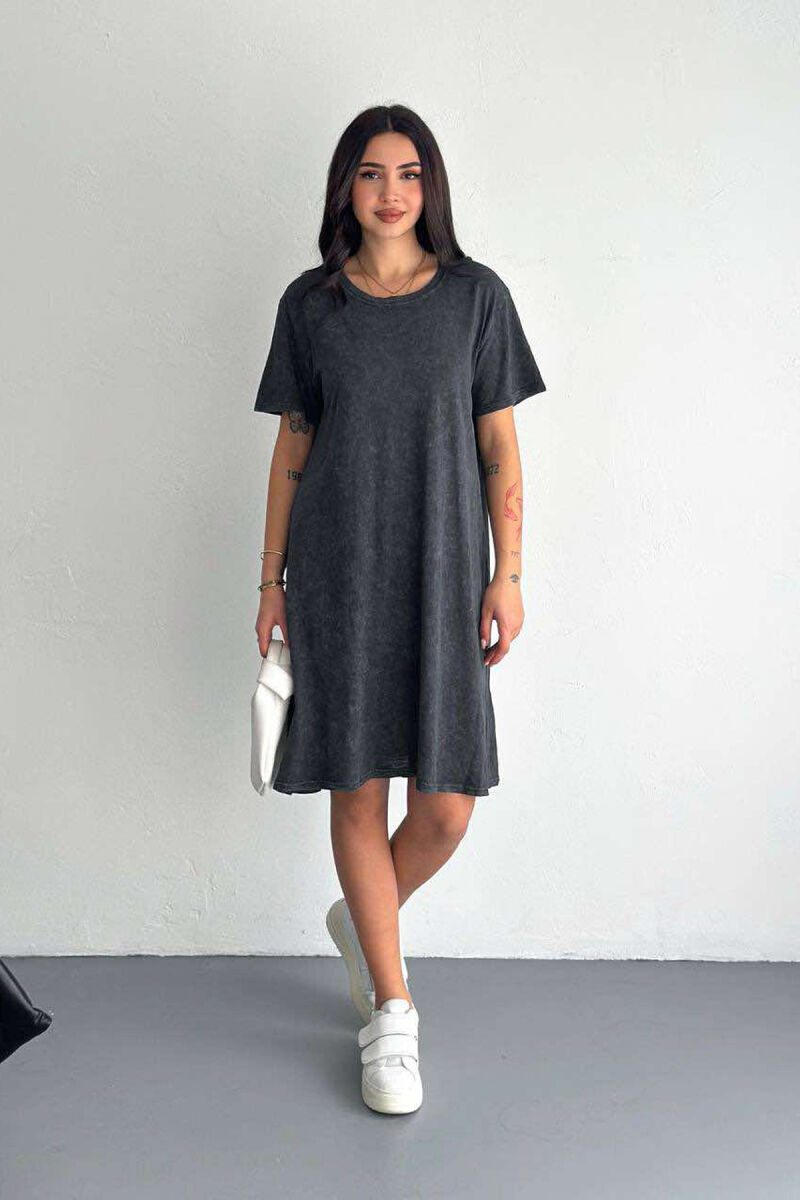 ONE COLOR SIMPLE ROUND NECK WOMEN DRESS DARK GREY/GEE - 1