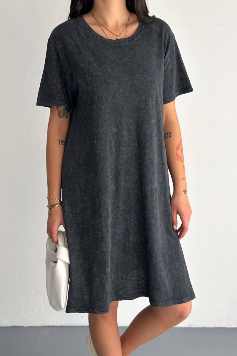 ONE COLOR SIMPLE ROUND NECK WOMEN DRESS DARK GREY/GEE - 3