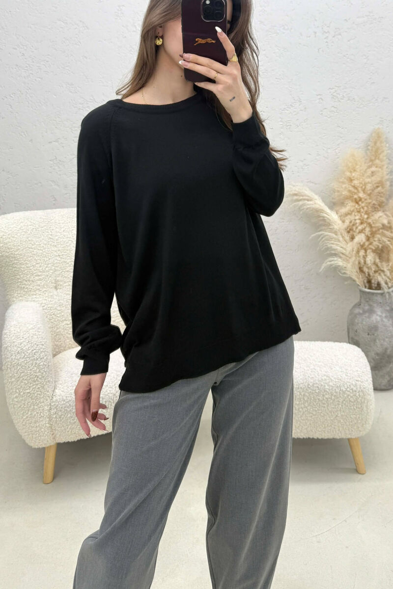 ONE COLOR SIMPLE ROUND NECK WOMEN SWEATER BLACK/ E ZEZE - 1