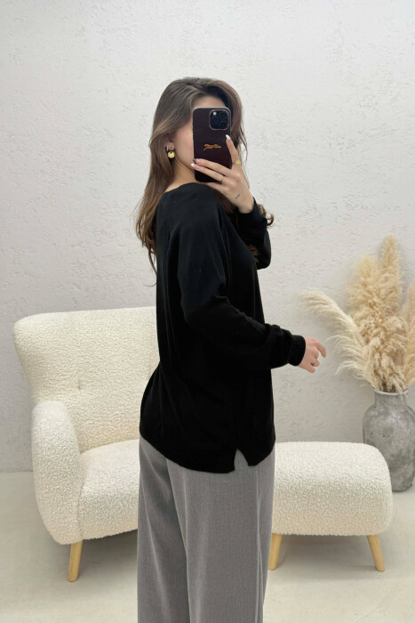 ONE COLOR SIMPLE ROUND NECK WOMEN SWEATER BLACK/ E ZEZE - 3