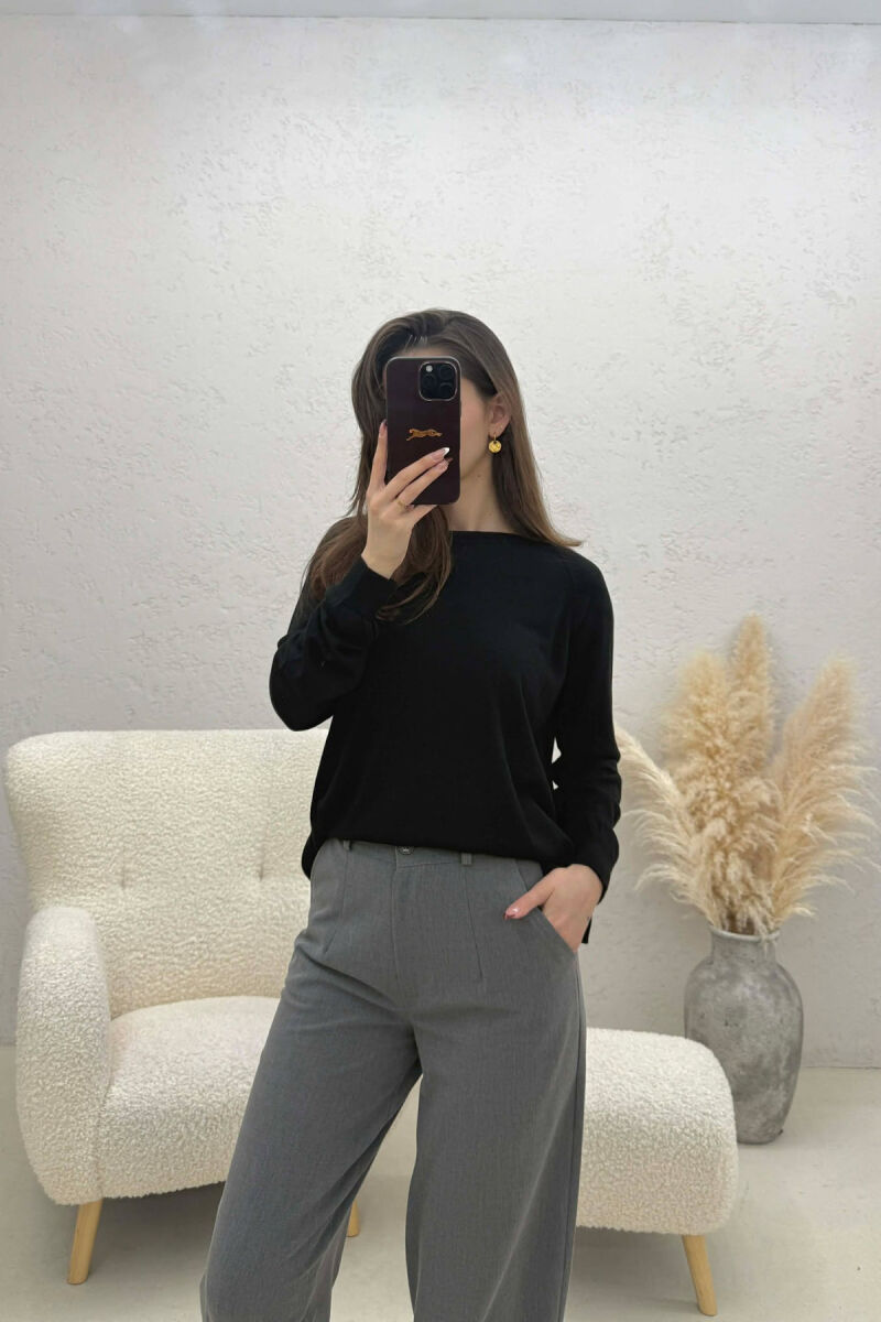 ONE COLOR SIMPLE ROUND NECK WOMEN SWEATER BLACK/ E ZEZE - 4