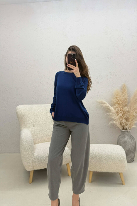 ONE COLOR SIMPLE ROUND NECK WOMEN SWEATER BLUE/BLU - 2