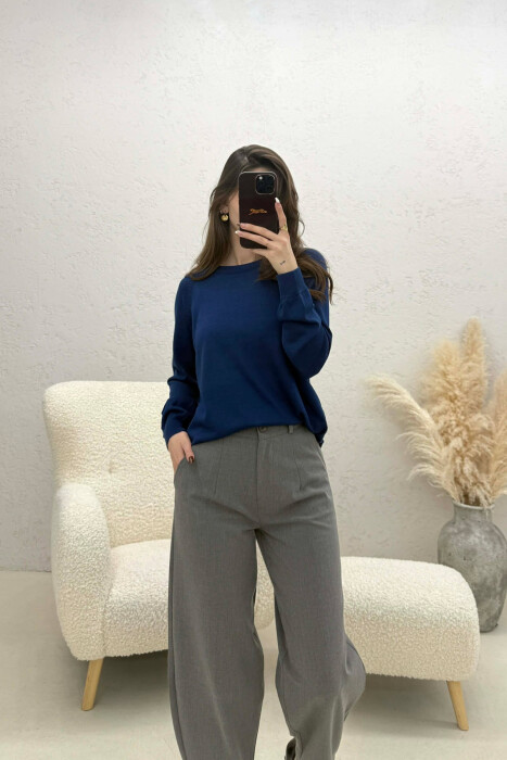 ONE COLOR SIMPLE ROUND NECK WOMEN SWEATER BLUE/BLU - 3