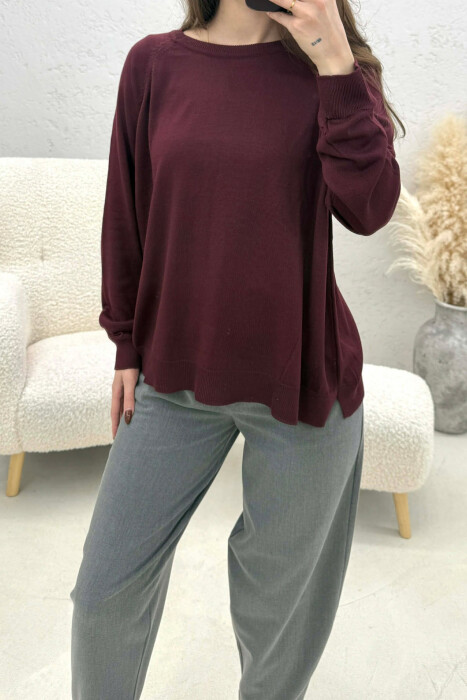 ONE COLOR SIMPLE ROUND NECK WOMEN SWEATER DARK BURGUNDY/VISHNJE E ERRET - KLAUDIO FASHION