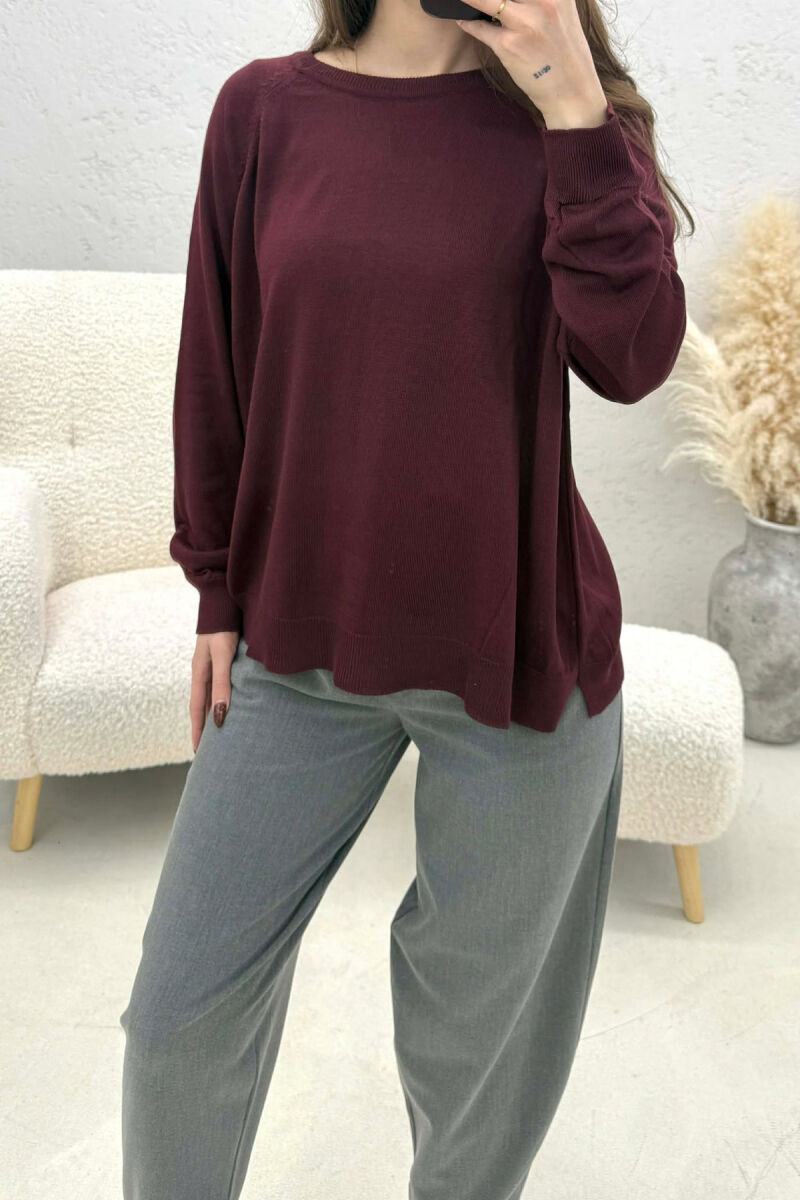 ONE COLOR SIMPLE ROUND NECK WOMEN SWEATER DARK BURGUNDY/VISHNJE E ERRET - 1