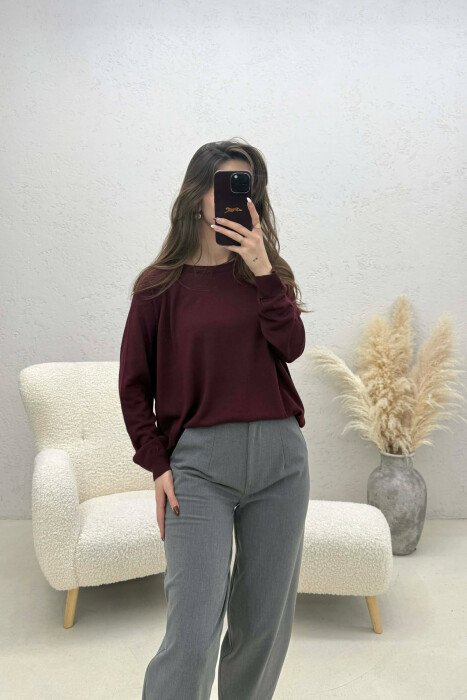 ONE COLOR SIMPLE ROUND NECK WOMEN SWEATER DARK BURGUNDY/VISHNJE E ERRET - 2