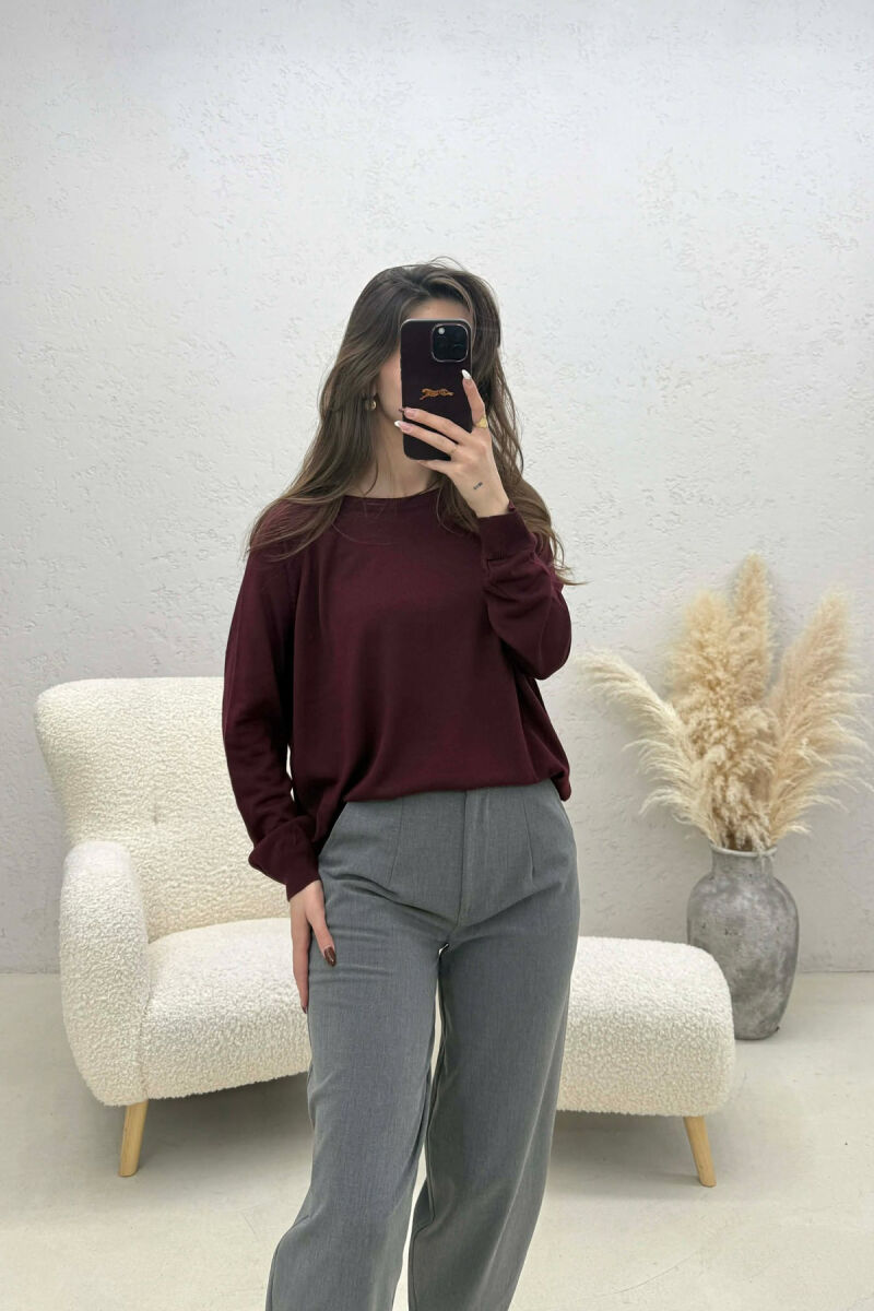 ONE COLOR SIMPLE ROUND NECK WOMEN SWEATER DARK BURGUNDY/VISHNJE E ERRET - 2