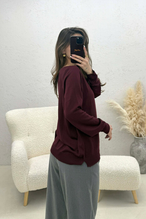 ONE COLOR SIMPLE ROUND NECK WOMEN SWEATER DARK BURGUNDY/VISHNJE E ERRET - 4