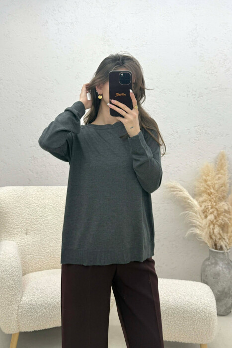 ONE COLOR SIMPLE ROUND NECK WOMEN SWEATER DARK GREY/GEE 