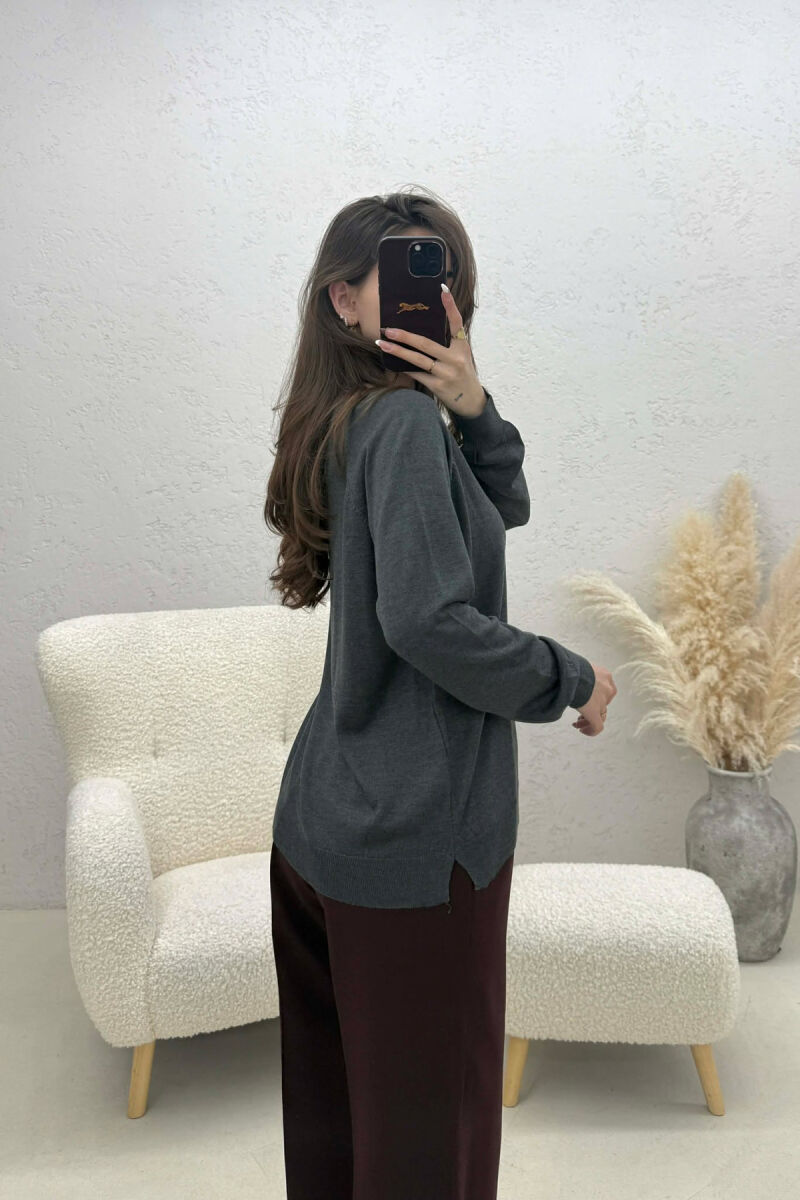ONE COLOR SIMPLE ROUND NECK WOMEN SWEATER DARK GREY/GEE - 2