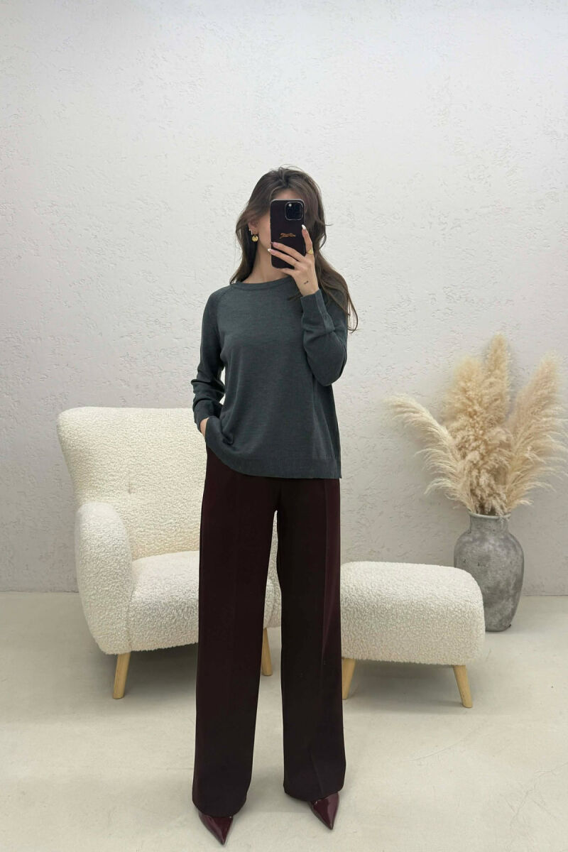 ONE COLOR SIMPLE ROUND NECK WOMEN SWEATER DARK GREY/GEE - 4