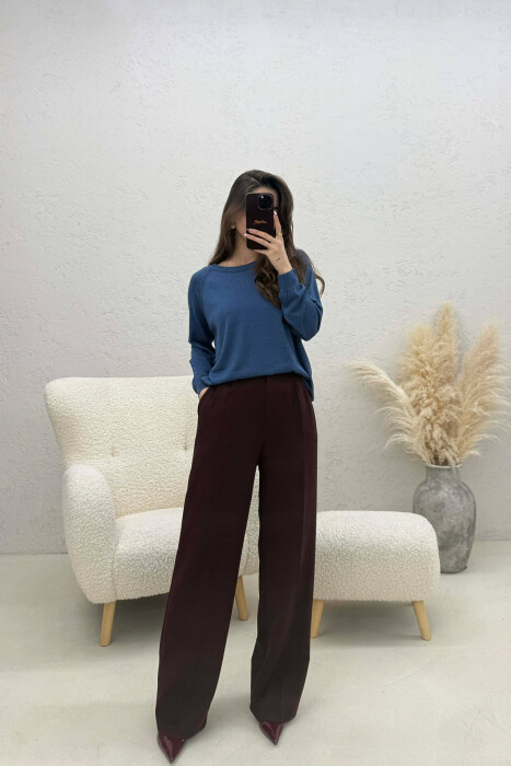 ONE COLOR SIMPLE ROUND NECK WOMEN SWEATER LIGHTBLUE/BZ - 3