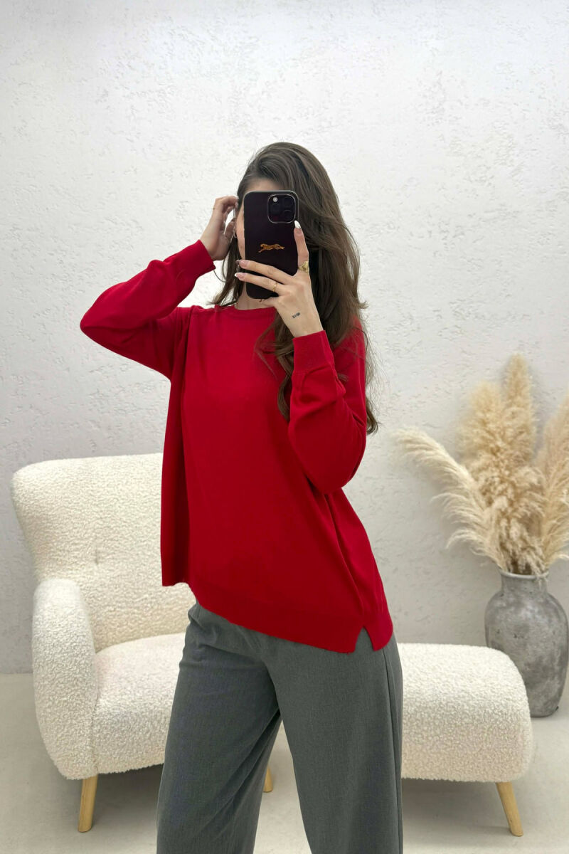 ONE COLOR SIMPLE ROUND NECK WOMEN SWEATER RED/E KUQE - 1
