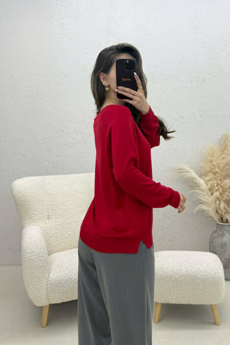 ONE COLOR SIMPLE ROUND NECK WOMEN SWEATER RED/E KUQE - 2
