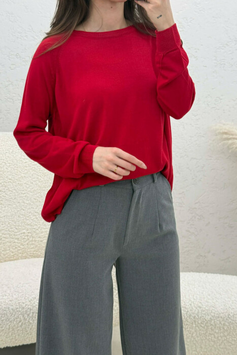 ONE COLOR SIMPLE ROUND NECK WOMEN SWEATER RED/E KUQE - 3