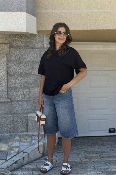 ONE COLOR SIMPLE ROUND NECK WOMEN T-SHIRT BLACK/ E ZEZE - 3