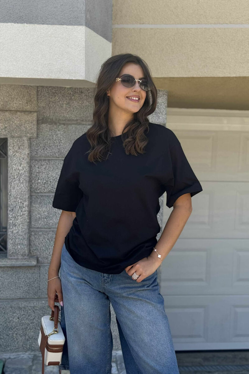 ONE COLOR SIMPLE ROUND NECK WOMEN T-SHIRT BLACK/ E ZEZE - 4
