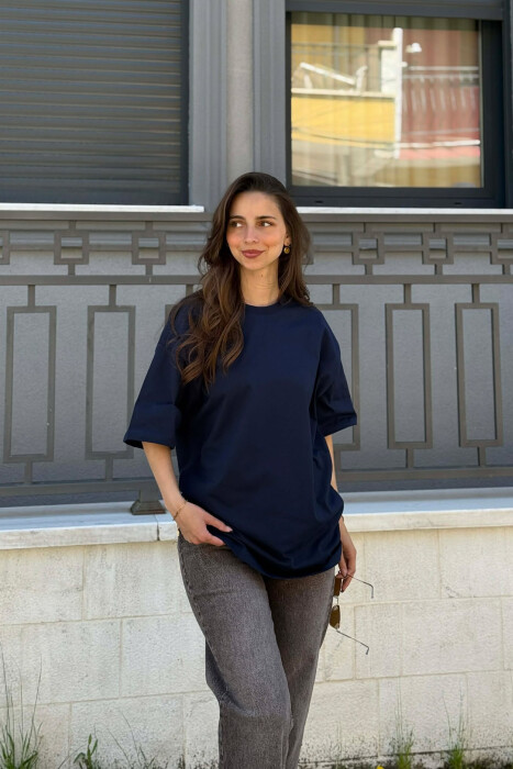 ONE COLOR SIMPLE ROUND NECK WOMEN T-SHIRT BLUE/BLU - 1