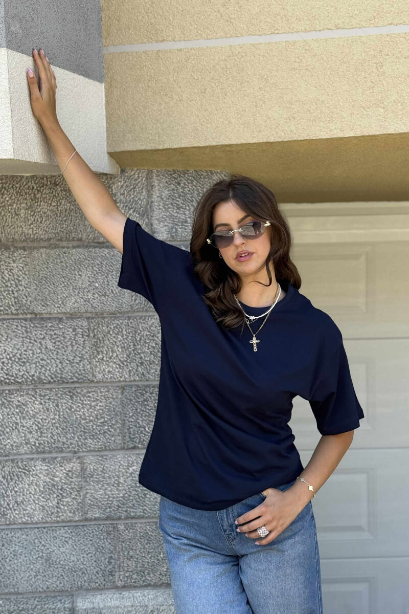 ONE COLOR SIMPLE ROUND NECK WOMEN T-SHIRT BLUE/BLU - 5