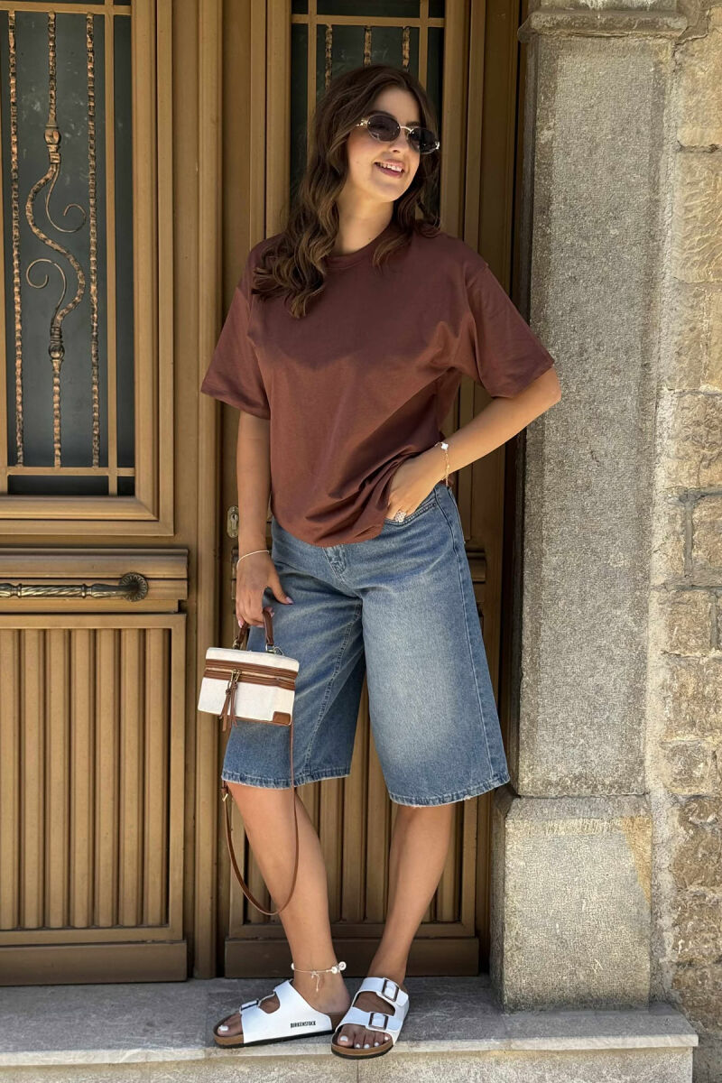 ONE COLOR SIMPLE ROUND NECK WOMEN T-SHIRT BROWN/KAFE - 1