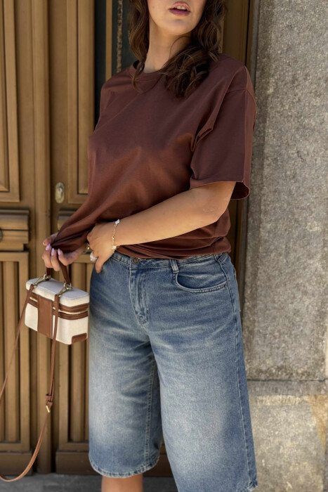 ONE COLOR SIMPLE ROUND NECK WOMEN T-SHIRT BROWN/KAFE - 3