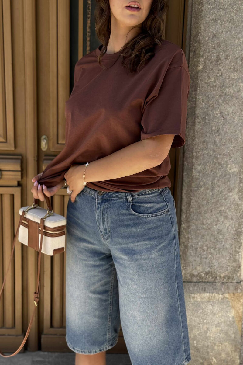 ONE COLOR SIMPLE ROUND NECK WOMEN T-SHIRT BROWN/KAFE - 3