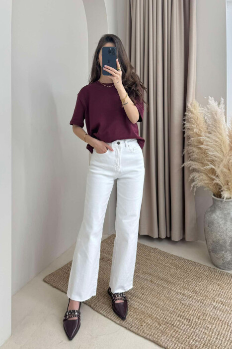 ONE COLOR SIMPLE ROUND NECK WOMEN T-SHIRT BURGUNDY/VISHNJE 