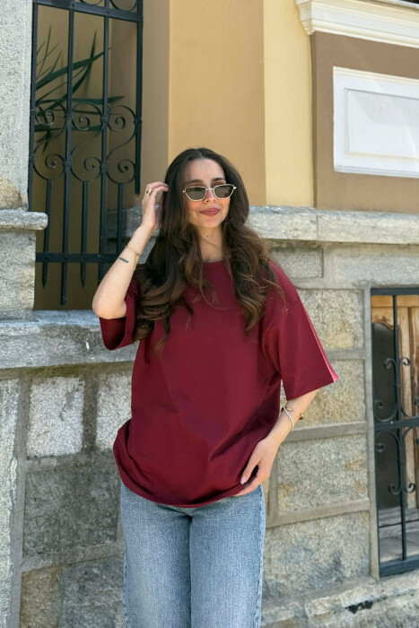 ONE COLOR SIMPLE ROUND NECK WOMEN T-SHIRT BURGUNDY/VISHNJE 