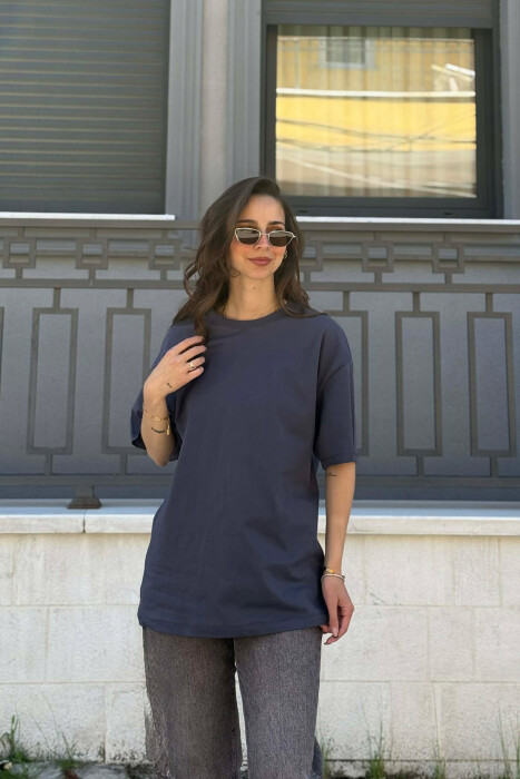 ONE COLOR SIMPLE ROUND NECK WOMEN T-SHIRT DARK GREY/GEE 