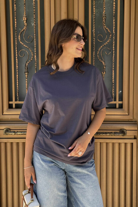 ONE COLOR SIMPLE ROUND NECK WOMEN T-SHIRT DARK GREY/GEE 