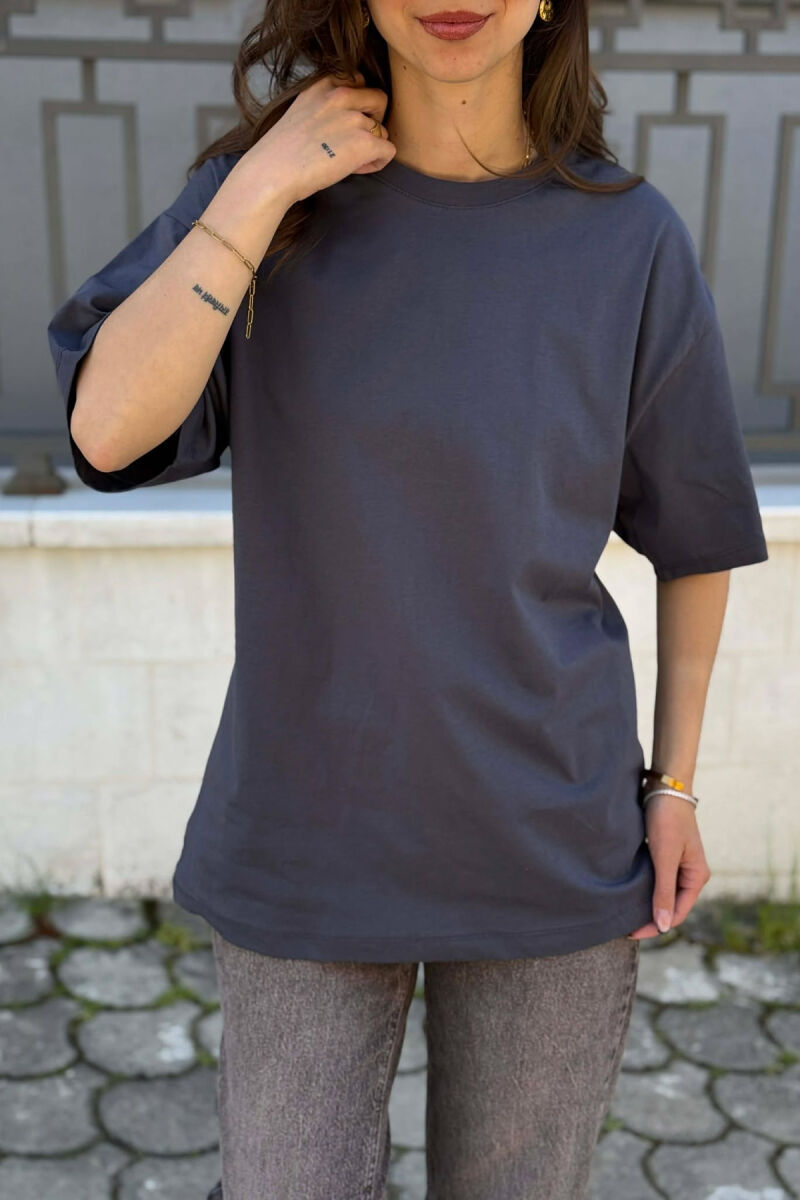 ONE COLOR SIMPLE ROUND NECK WOMEN T-SHIRT DARK GREY/GEE - 2