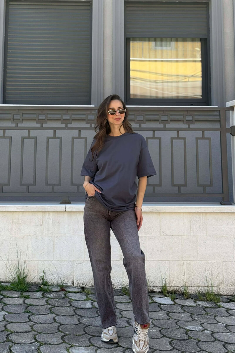 ONE COLOR SIMPLE ROUND NECK WOMEN T-SHIRT DARK GREY/GEE - 3