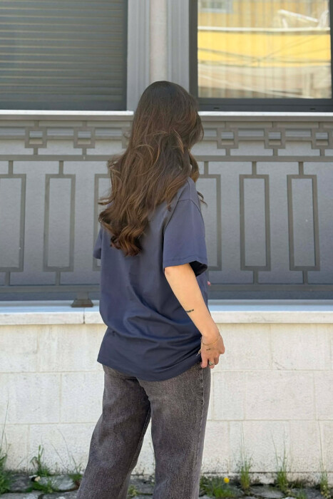 ONE COLOR SIMPLE ROUND NECK WOMEN T-SHIRT DARK GREY/GEE - 4