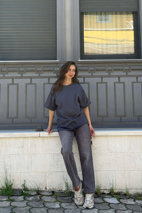 ONE COLOR SIMPLE ROUND NECK WOMEN T-SHIRT DARK GREY/GEE - 5