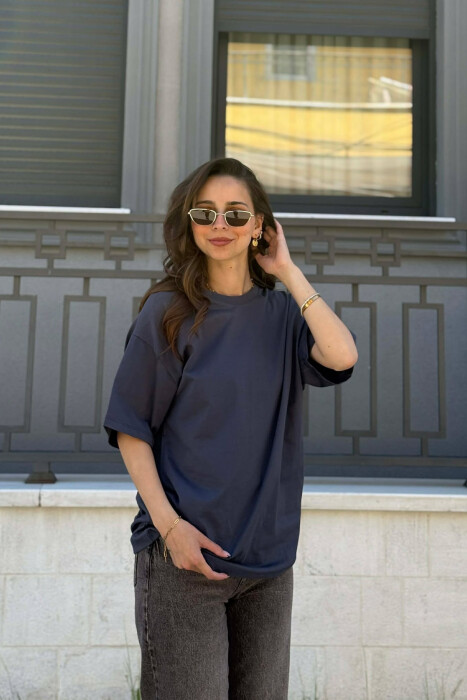 ONE COLOR SIMPLE ROUND NECK WOMEN T-SHIRT DARK GREY/GEE - 6