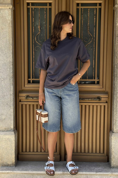 ONE COLOR SIMPLE ROUND NECK WOMEN T-SHIRT DARK GREY/GEE - 3