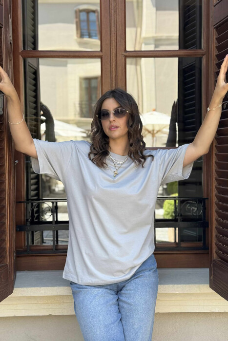 ONE COLOR SIMPLE ROUND NECK WOMEN T-SHIRT GREY/GRI 