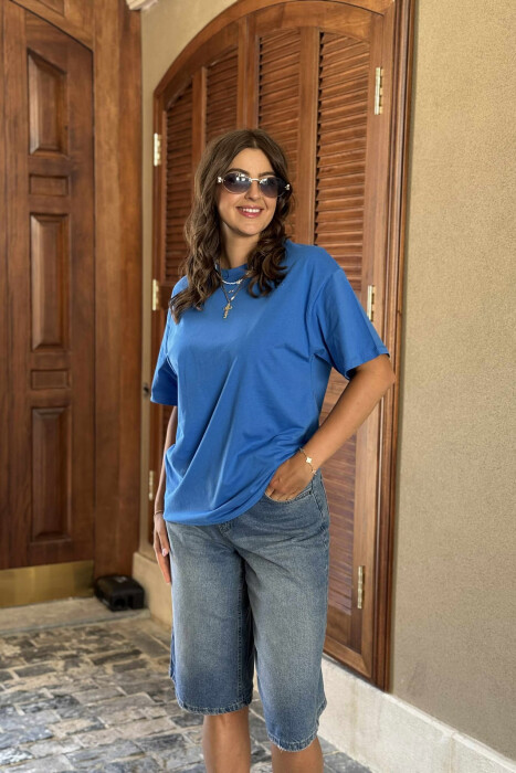 ONE COLOR SIMPLE ROUND NECK WOMEN T-SHIRT LIGHTBLUE/BZ - 4
