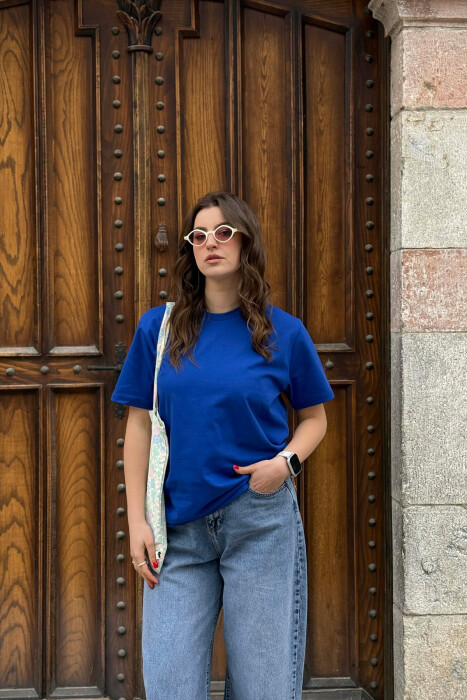 ONE COLOR SIMPLE ROUND NECK WOMEN T-SHIRT + 6 PAIR SOCKS BLUE/BLU 