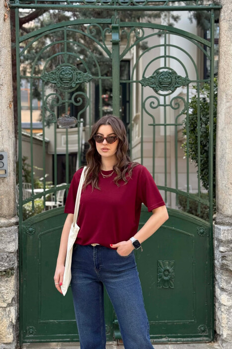 ONE COLOR SIMPLE ROUND NECK WOMEN T-SHIRT + 6 PAIR SOCKS BURGUNDY/VISHNJE - 1