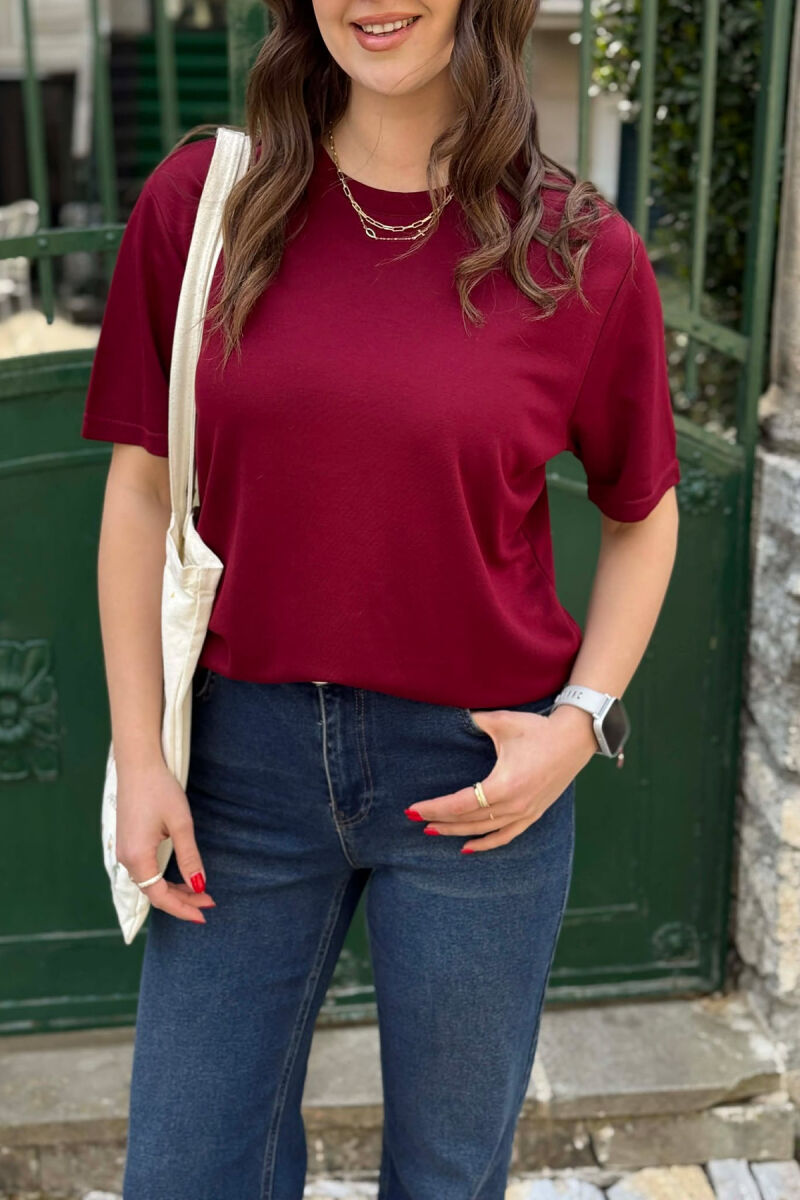 ONE COLOR SIMPLE ROUND NECK WOMEN T-SHIRT + 6 PAIR SOCKS BURGUNDY/VISHNJE - 4