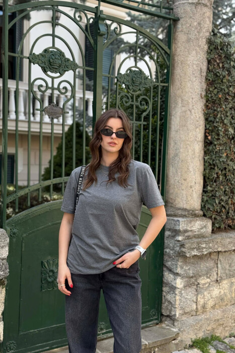 ONE COLOR SIMPLE ROUND NECK WOMEN T-SHIRT + 6 PAIR SOCKS DARK GREY/GEE - 1